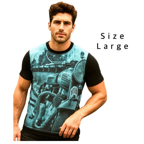 Seven Souls Blue and Black Graphic Royal Enfield Motorcycle tee- NWT - Picture 1 of 6